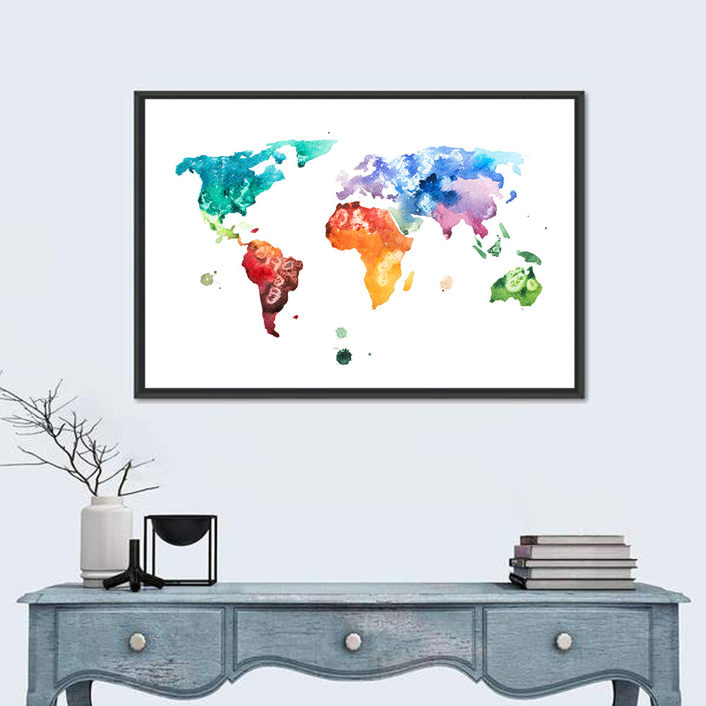 Multicolor Watercolor World Map Wall Art in a room, landscape