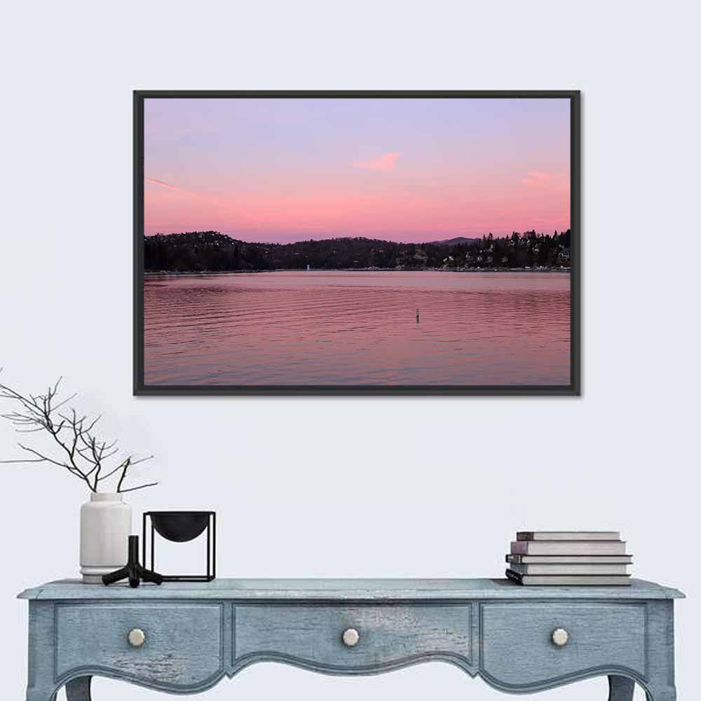 Lake Arrowhead Sunset Reflection Wall Art in a room, landscape