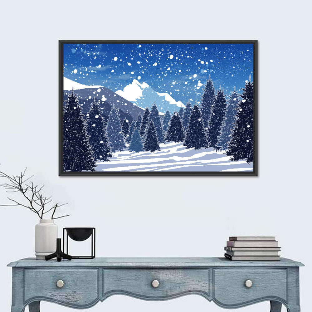 Snowy Evergreen Forest Illustration Wall Art