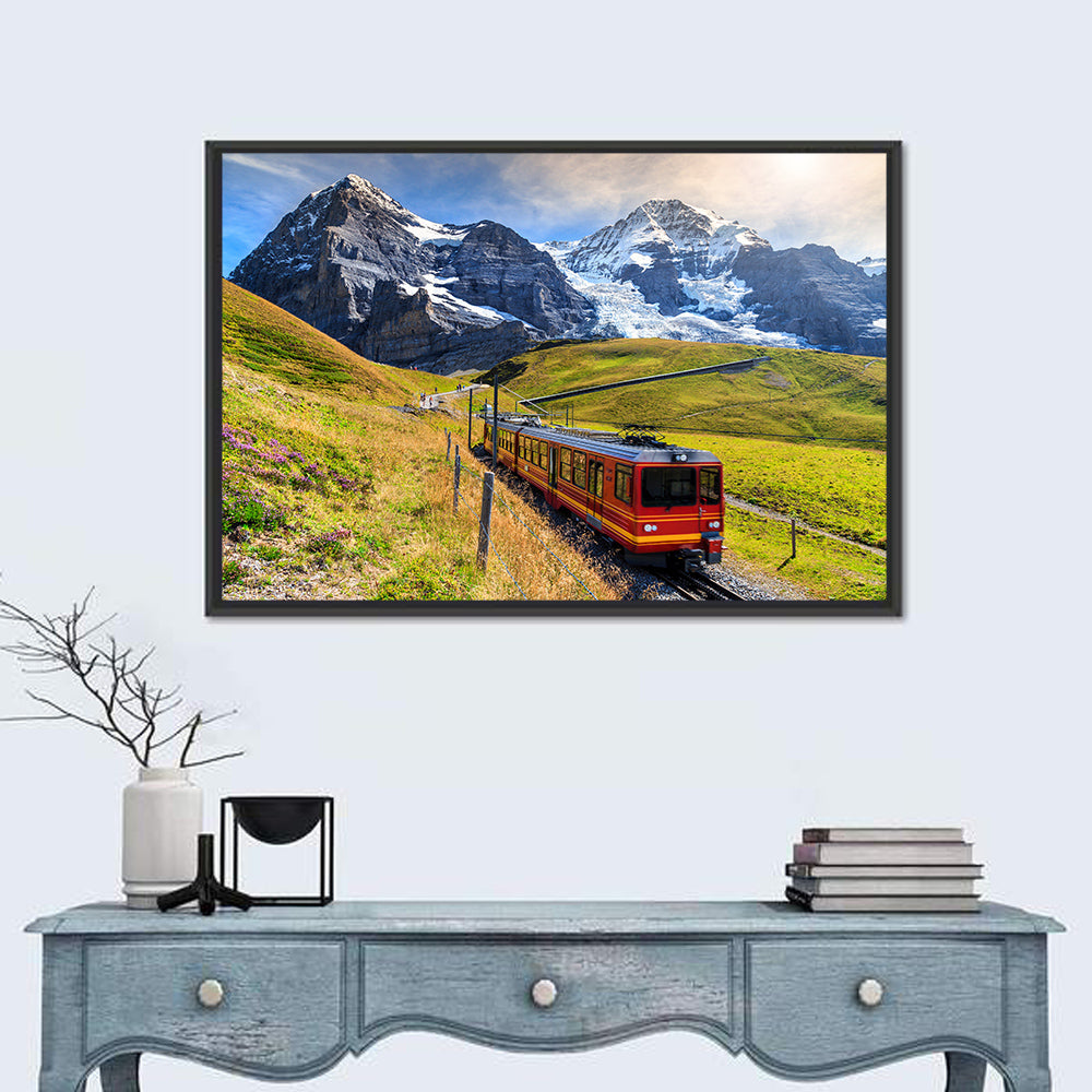 Red Alpine Train at Eiger Wall Art in a room, landscape