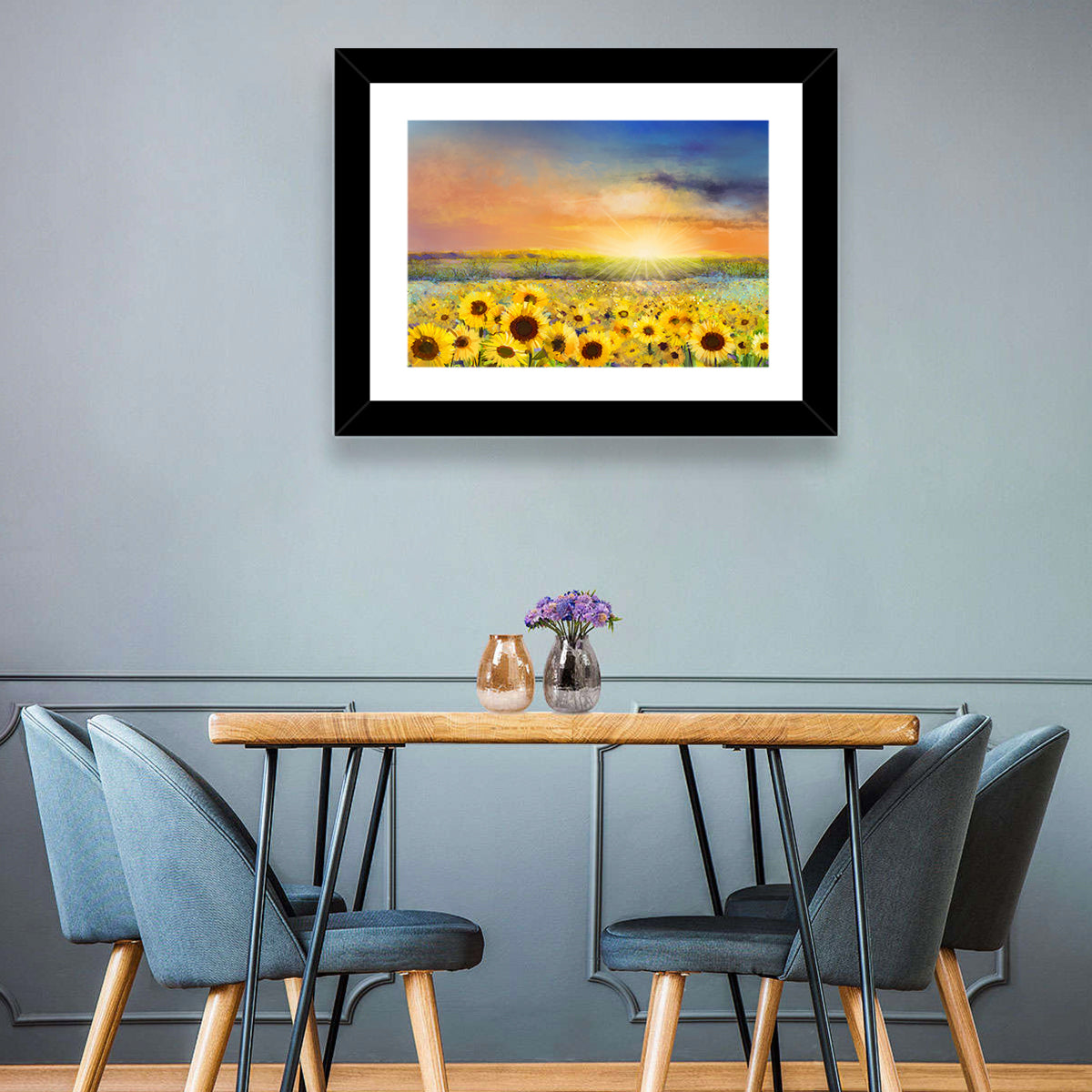 Sunburst Over Sunflower Field Wall Art in a room, landscape