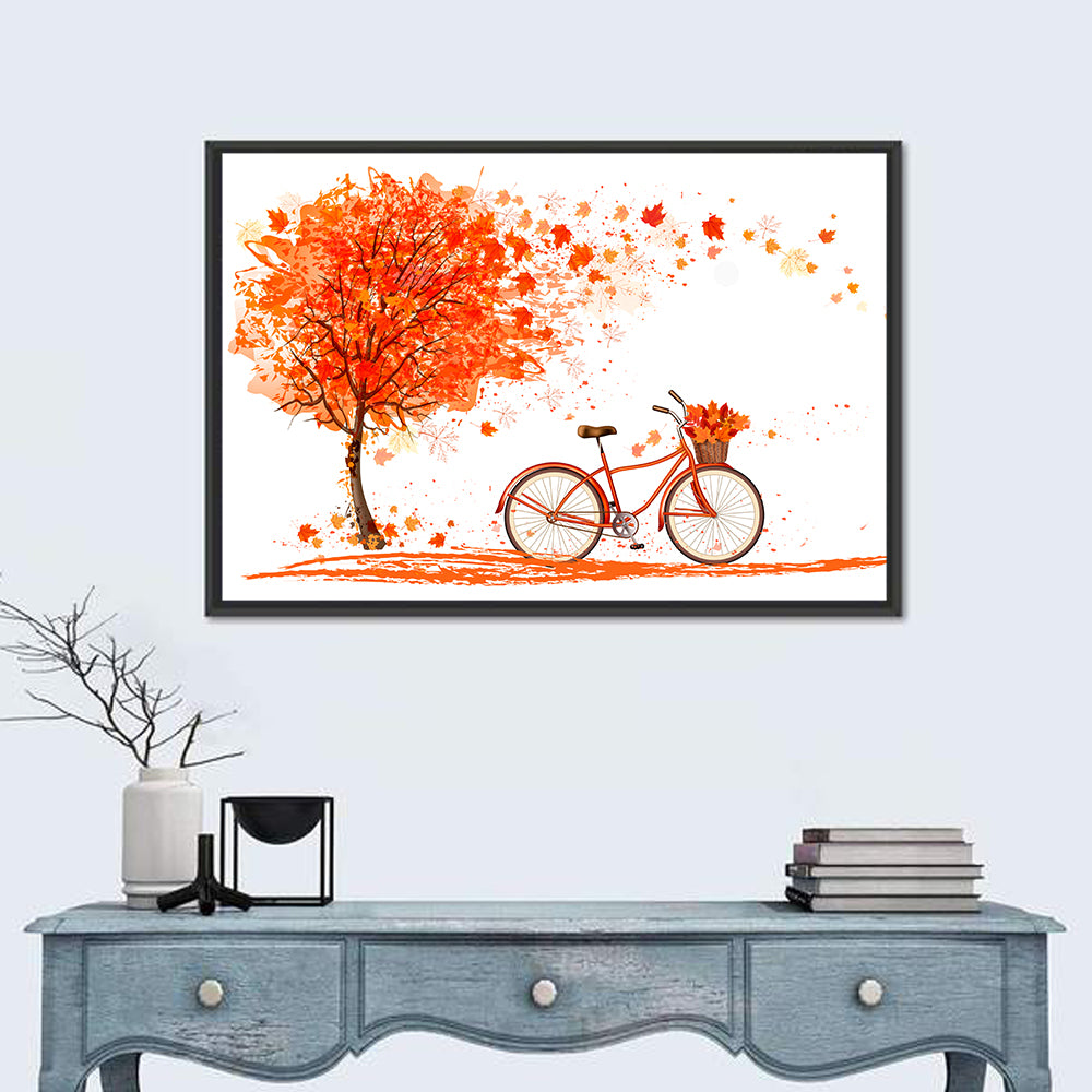 Autumn Bicycle Illustration Wall Art in a room, landscape