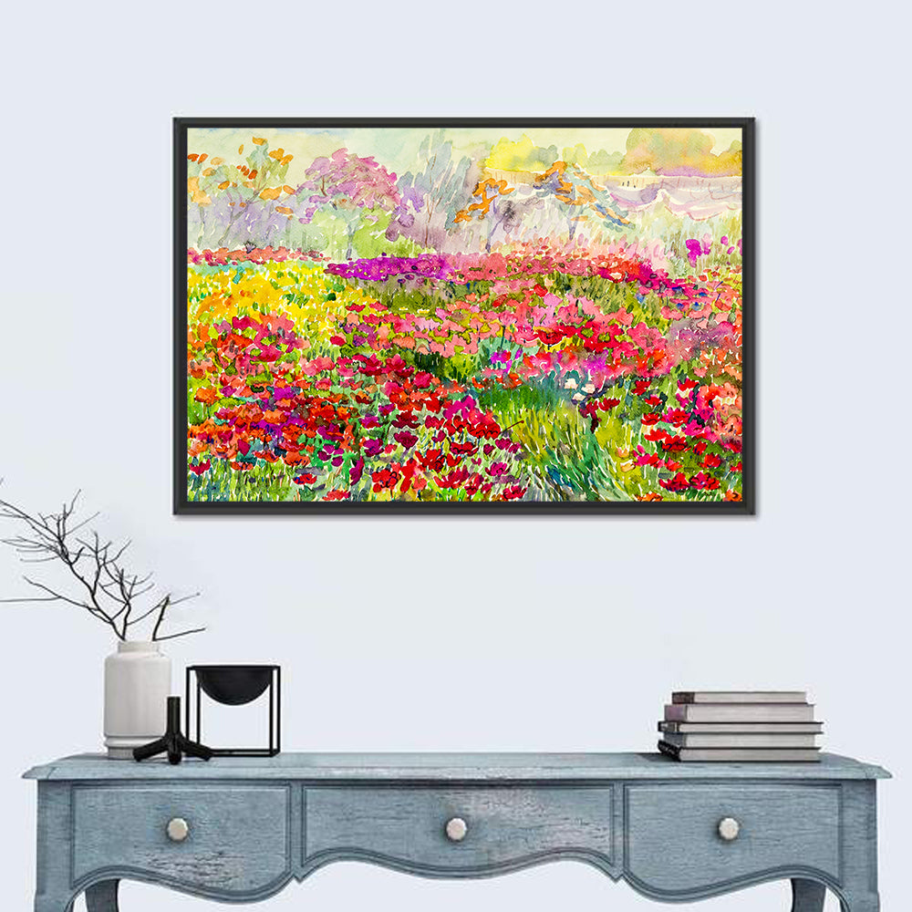 Summer Poppy Meadow Watercolor Wall Art in a room, landscape