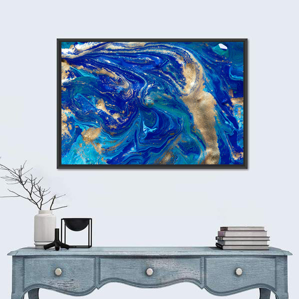 Blue and Gold Liquid Marble Swirls Wall Art