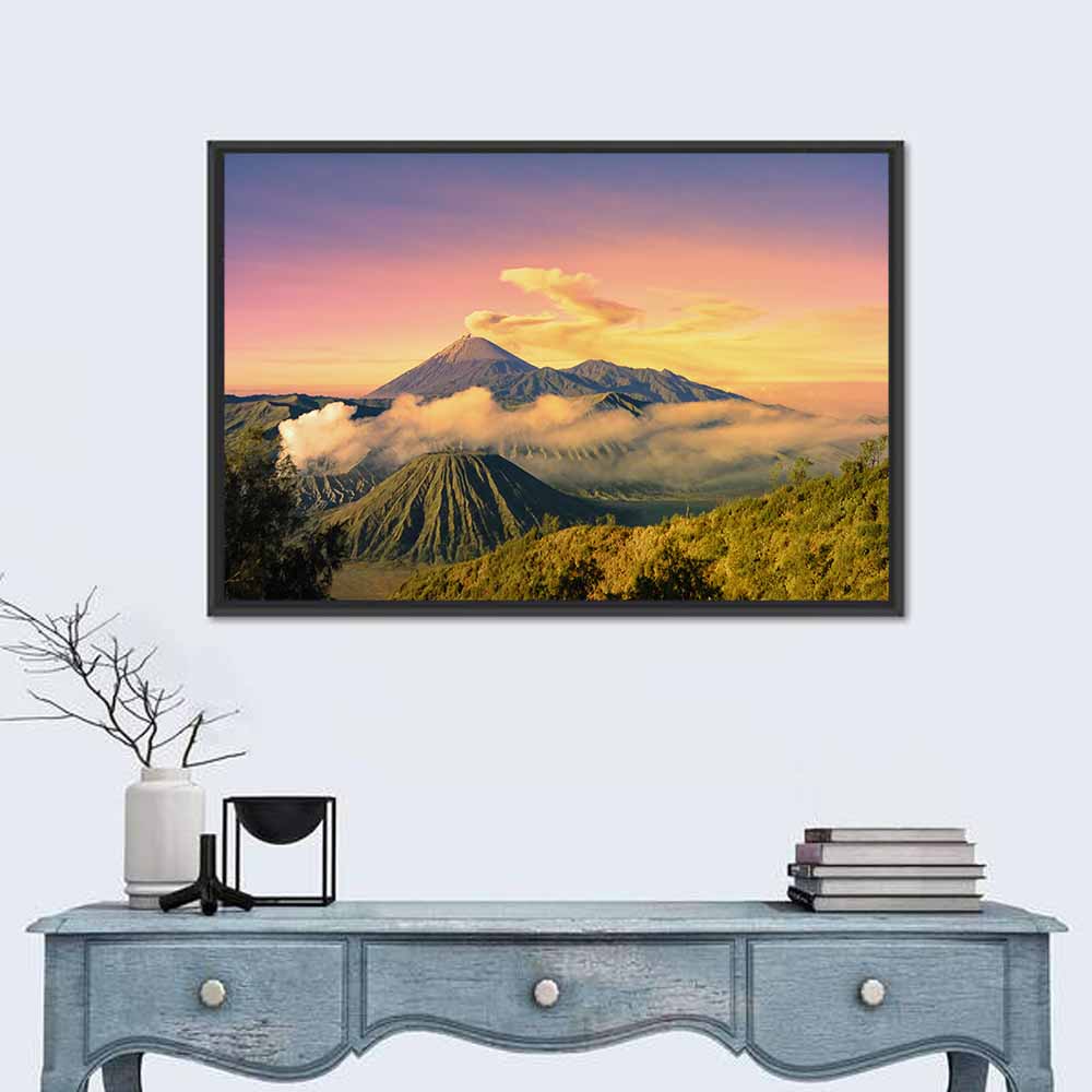 Mount Bromo Sunset Wall Art in a room, landscape