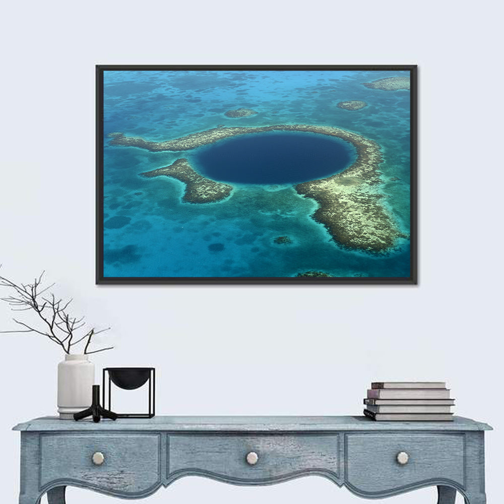 Great Blue Hole Aerial View Belize Wall Art in a room, landscape