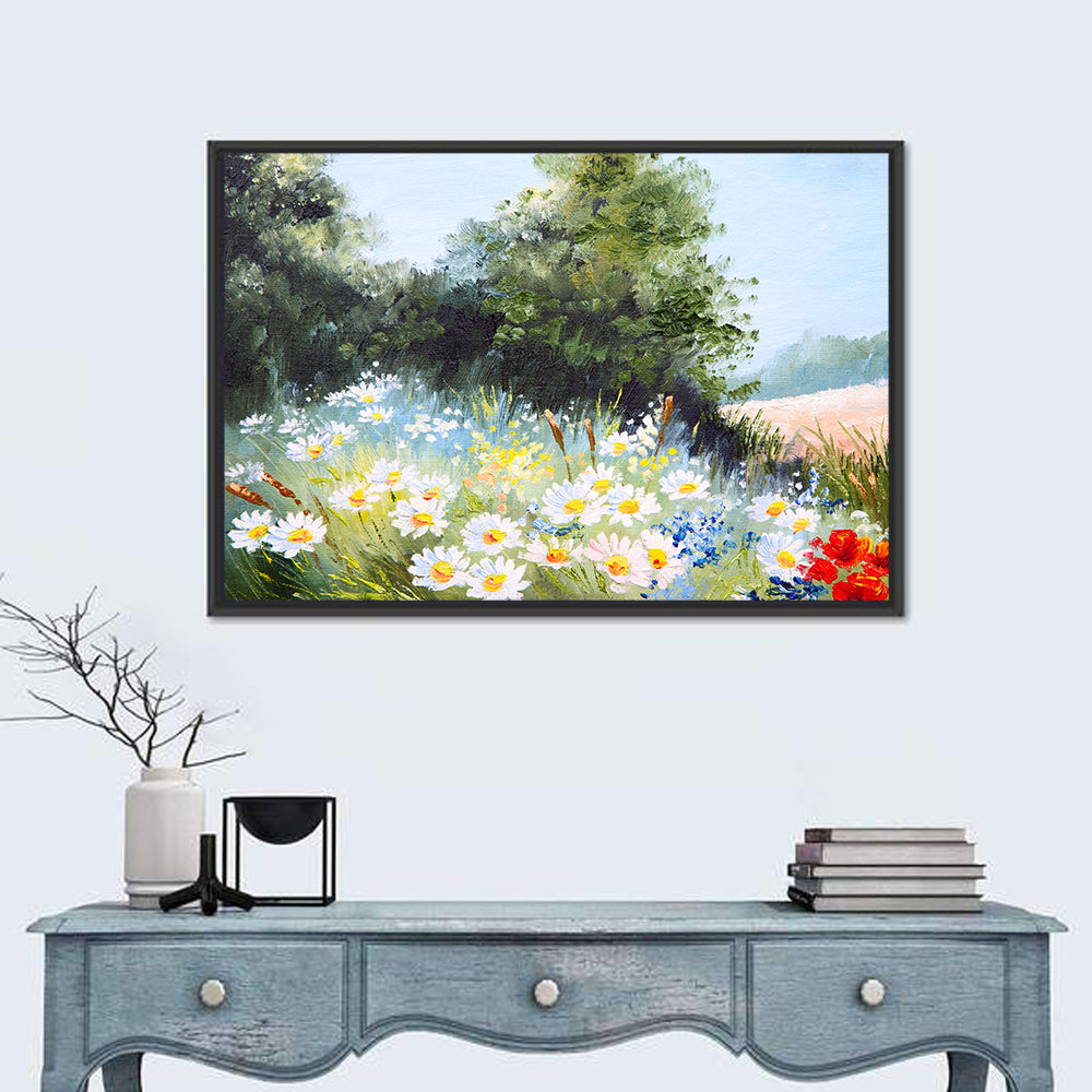 Sunny Daisy Meadow with Red Poppies Wall Art in a room, landscape