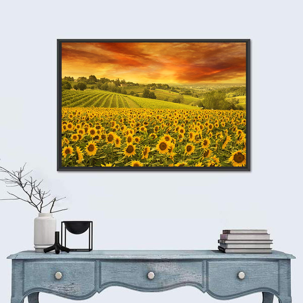 Sunflower Field at Golden Hour Wall Art in a room, landscape