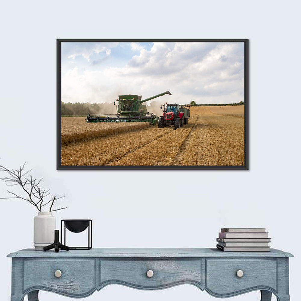 Wheat Harvest with Combine and Tractor Wall Art in a room, landscape
