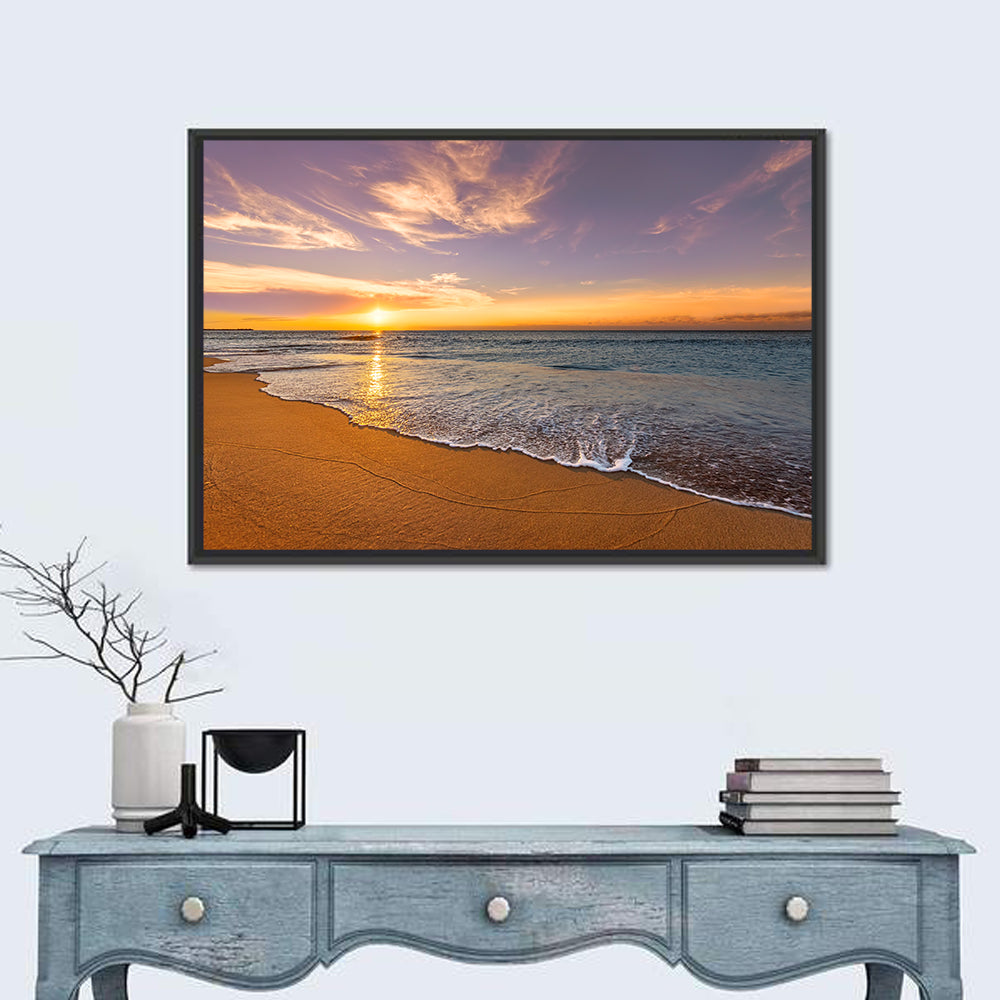 Sunrise Over Ocean Beach Wall Art in a room, landscape