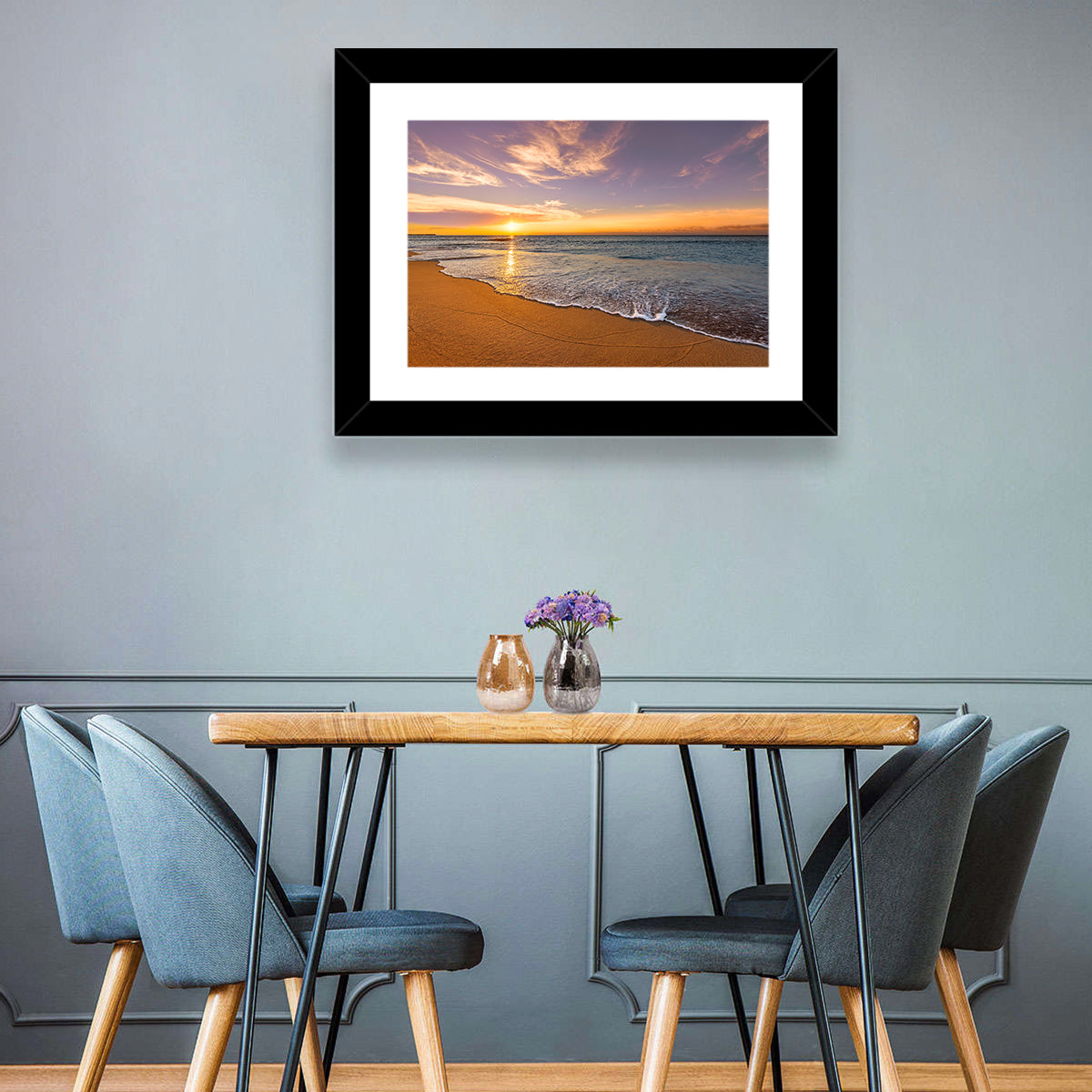 Sunrise Over Ocean Beach Wall Art in a room, landscape