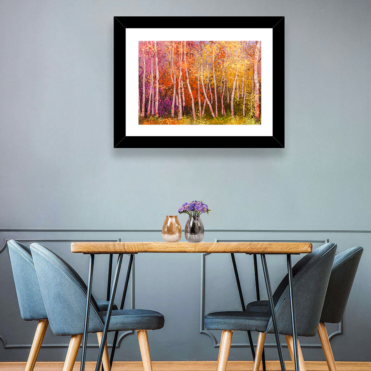 Vibrant Autumn Birch Grove Wall Art in a room, landscape