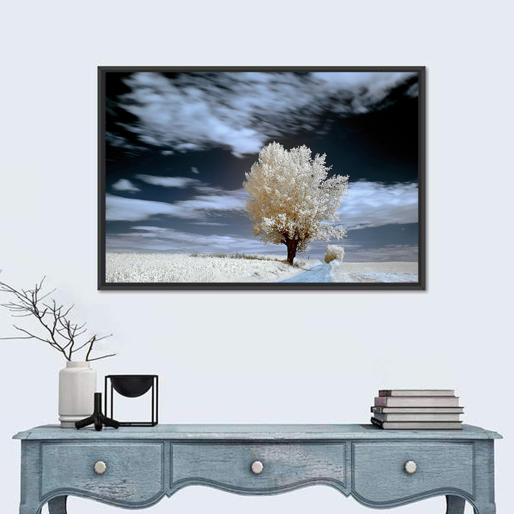 Infrared Winter Willow Tree Wall Art in a room, landscape