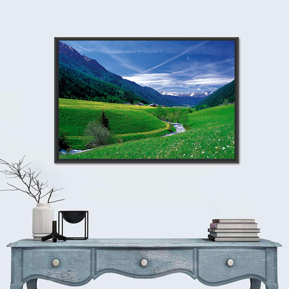 Snow-capped Peaks and Floral Meadow Wall Art in a room, landscape