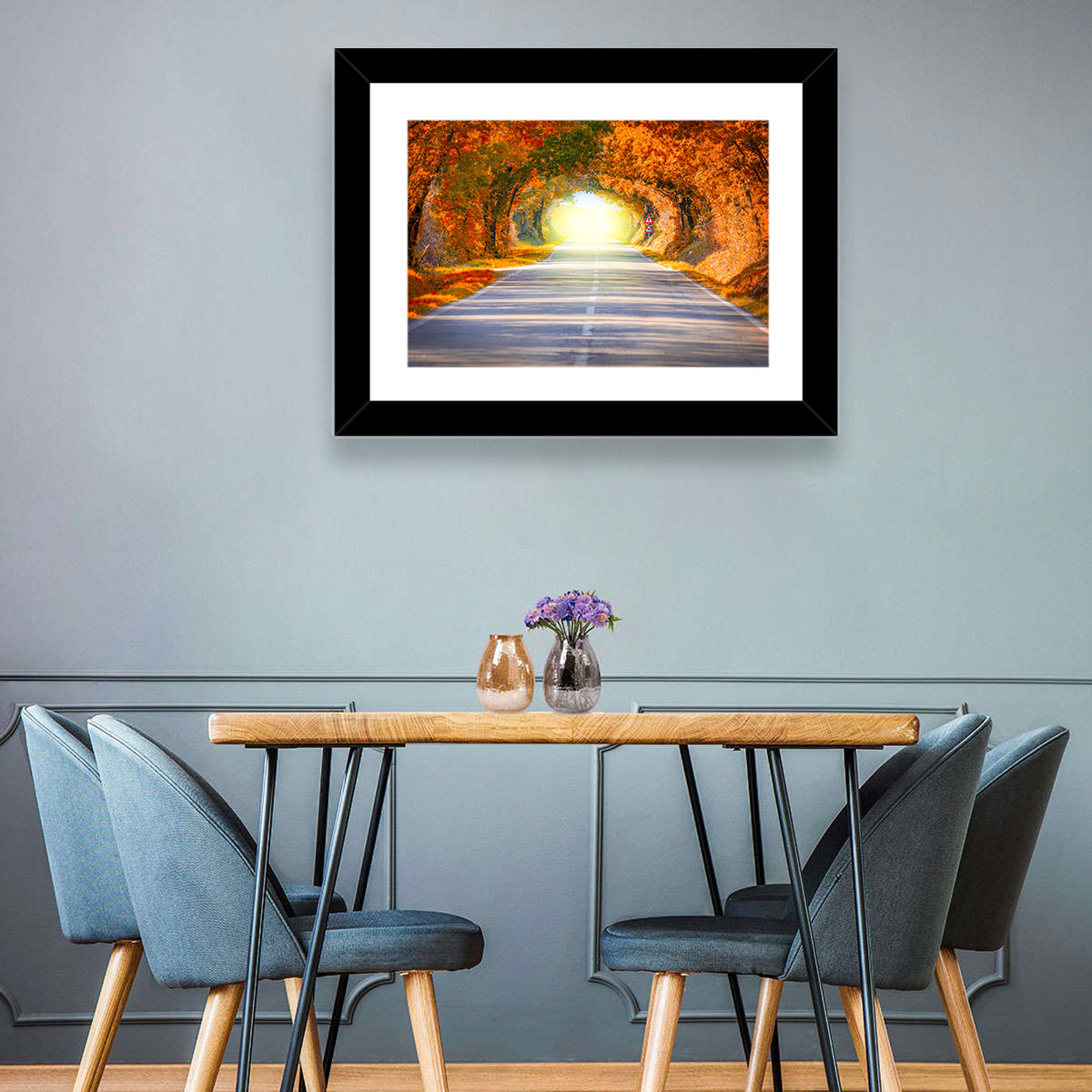 Golden Autumn Tree Tunnel Wall Art in a room, landscape