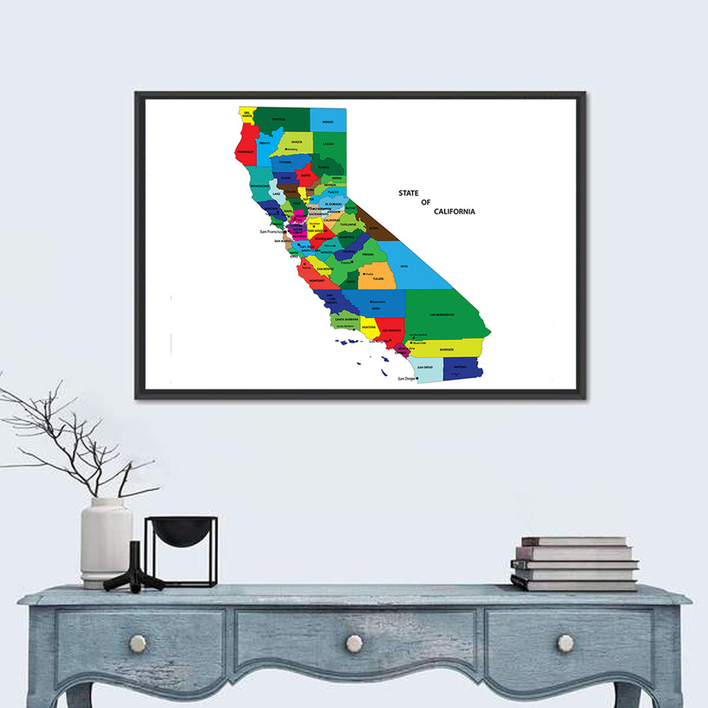 California Map with Colored Counties Wall Art in a room, landscape