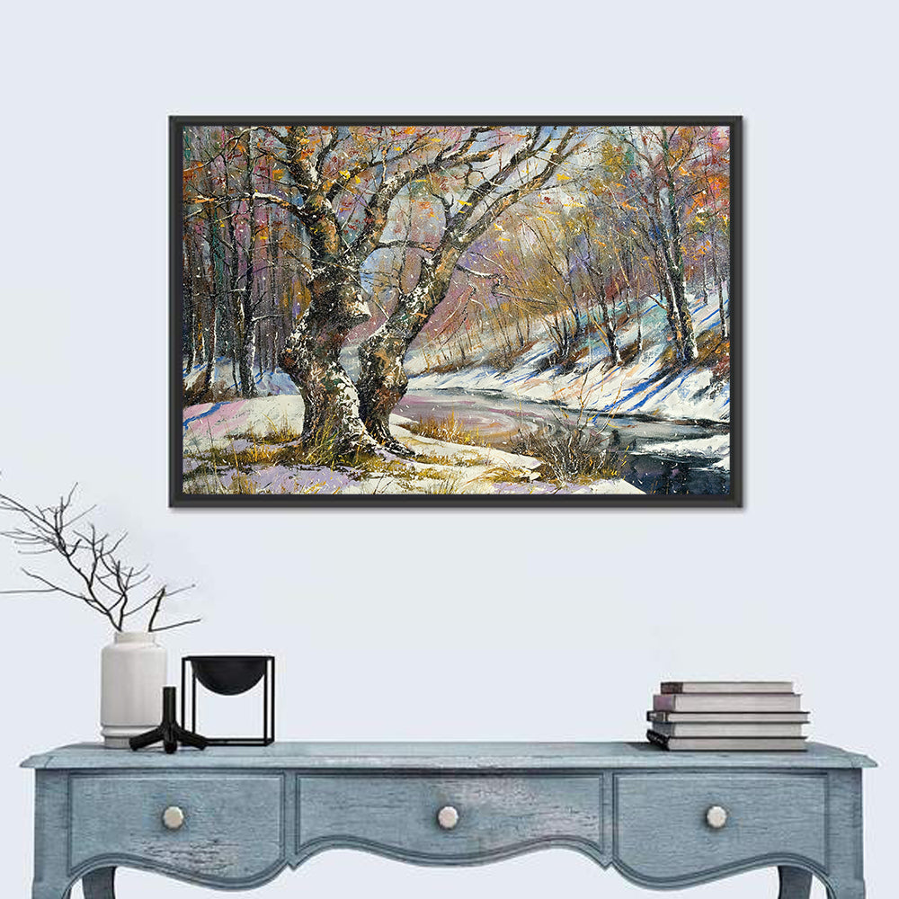 Frozen River in Winter Woodland Wall Art in a room, landscape