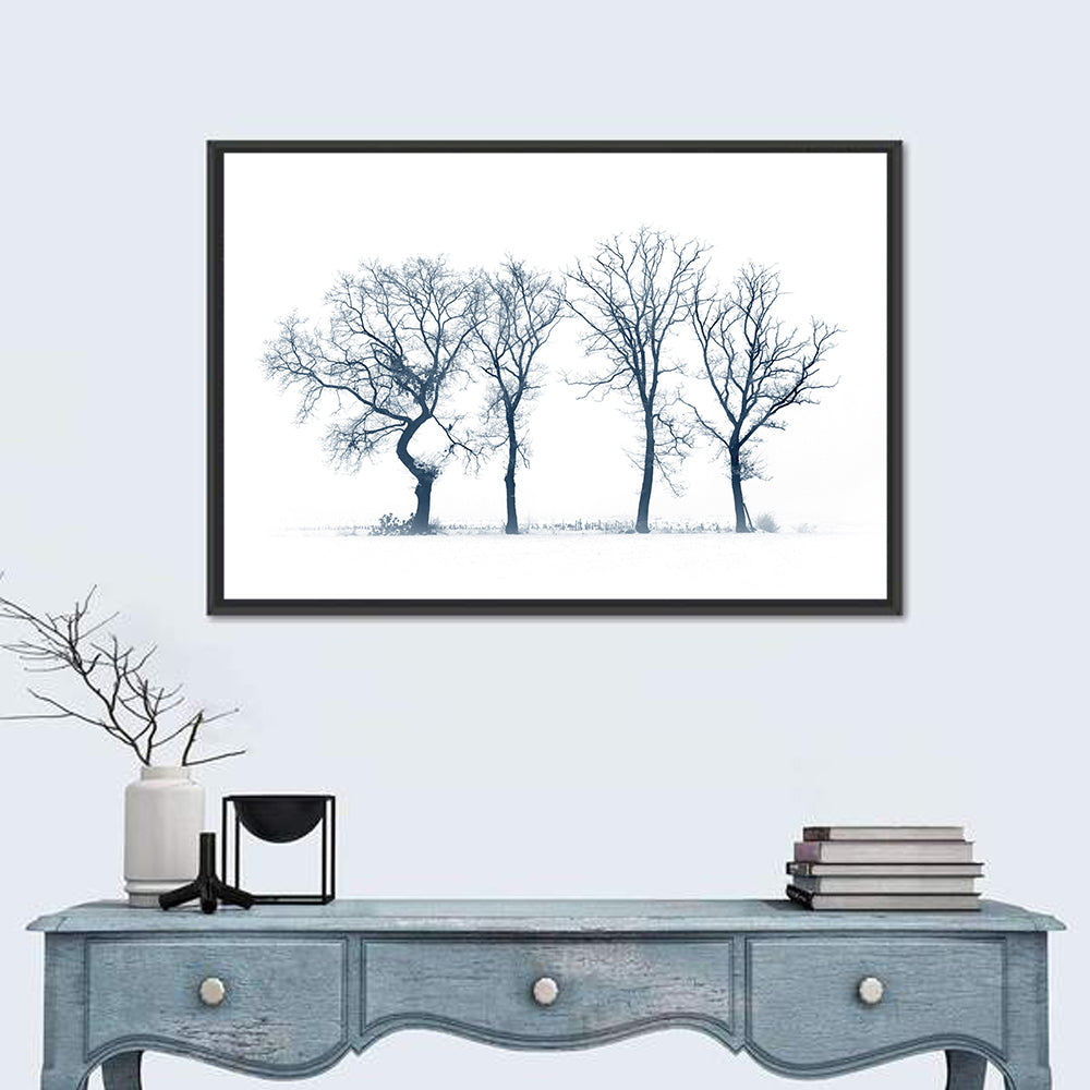 Four Bare Trees in Winter Wall Art in a room, landscape