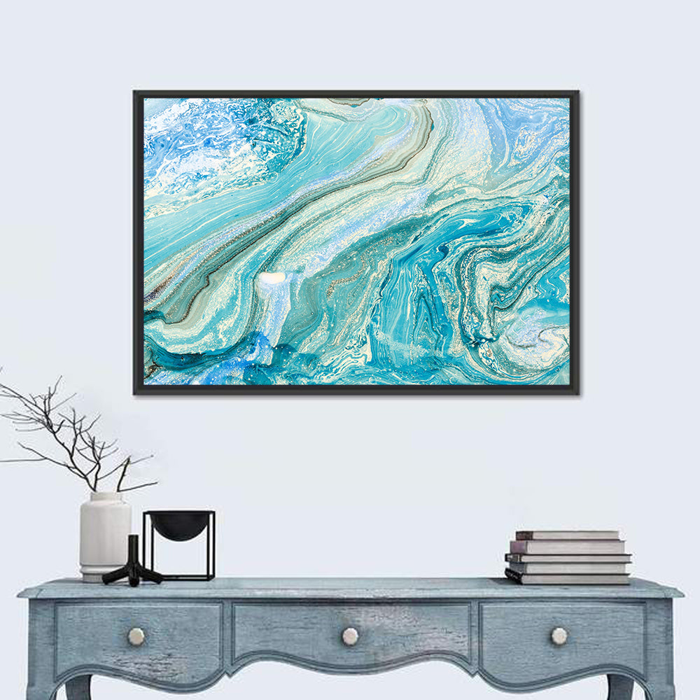 Aqua Marble Swirls with Silver Accents Wall Art in a room, landscape