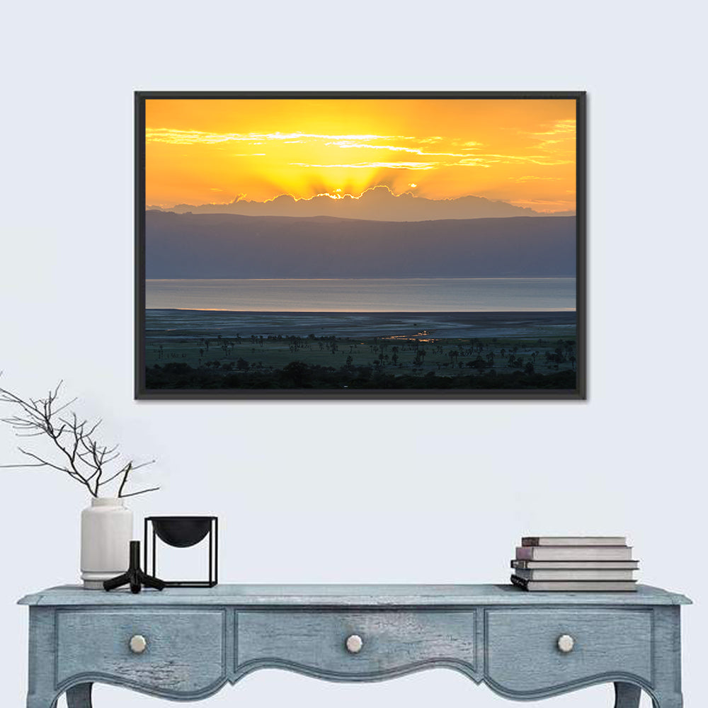 Lake Eyasi Golden Sunset Wall Art in a room, landscape