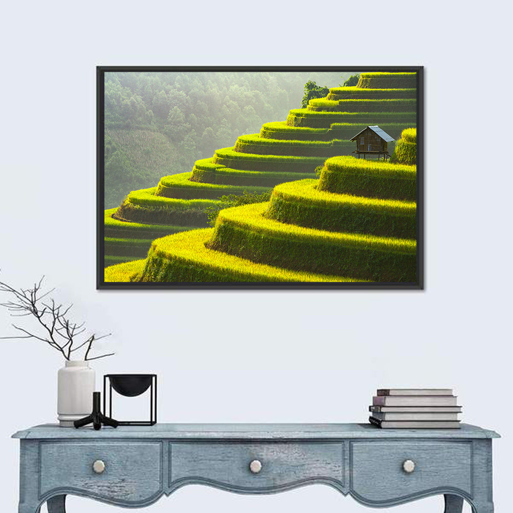 Golden Rice Terraces Wall Art in a room, landscape