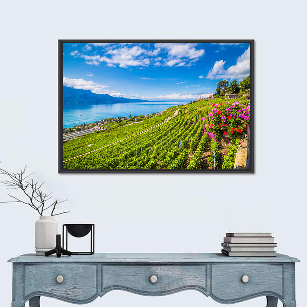 Lavaux Vineyard Terraces Over Lake Geneva Wall Art in a room, landscape