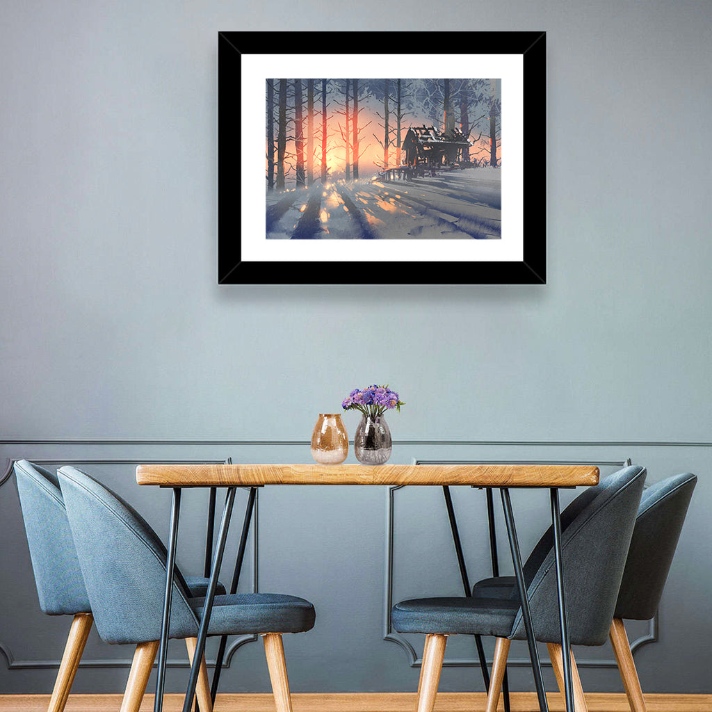Snowy Forest Cabin at Sunset Wall Art
