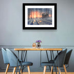 Snowy Forest Cabin at Sunset Wall Art