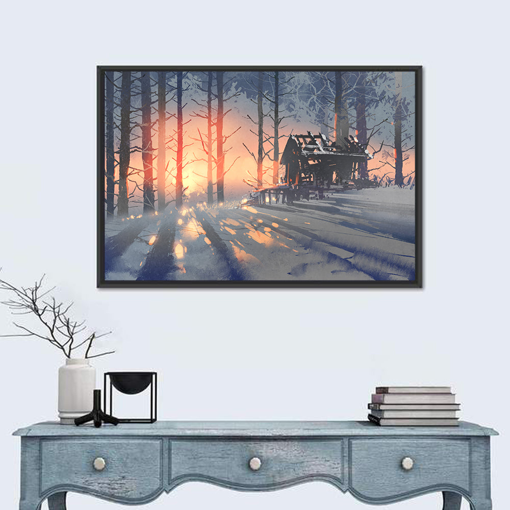 Snowy Forest Cabin at Sunset Wall Art