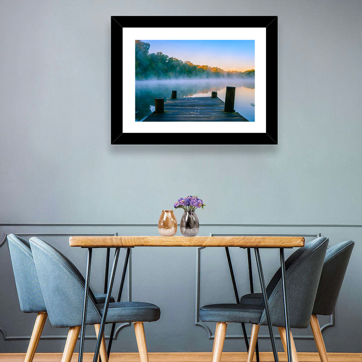 Misty Dock, Mt Saint Francis Wall Art in a room, landscape