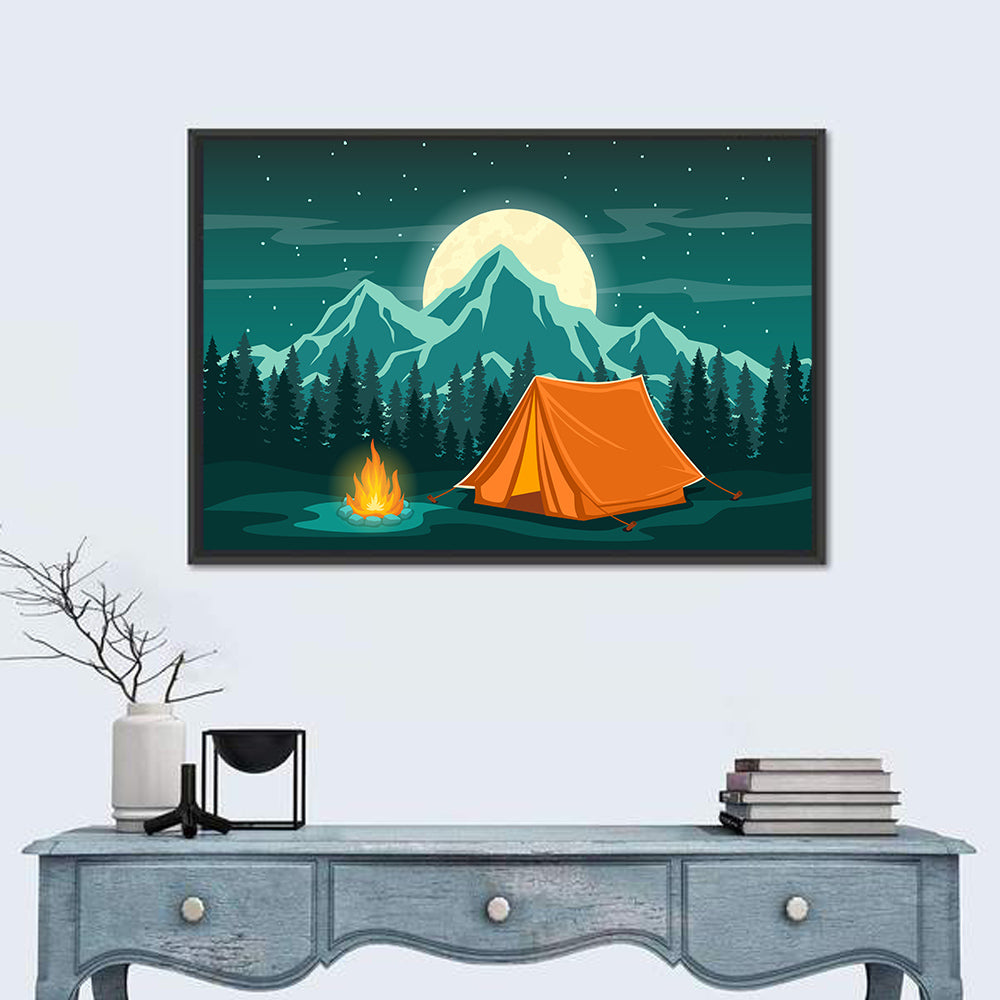 Moonlit Campfire Landscape Wall Art in a room, landscape
