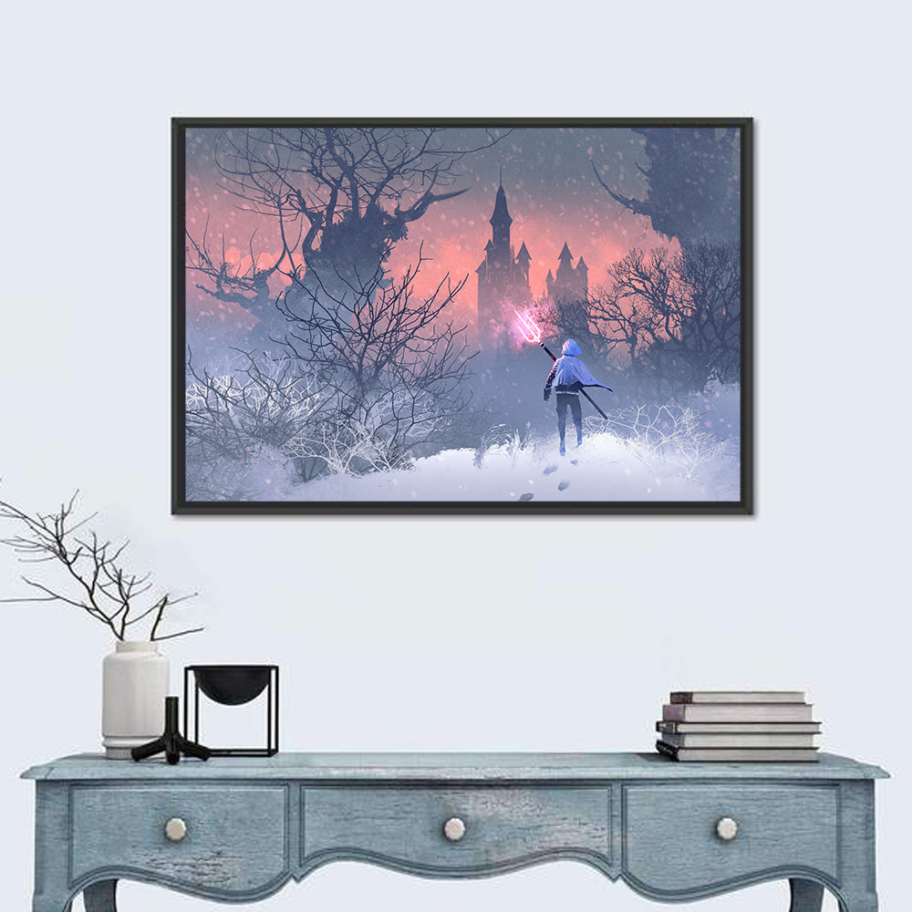 Knight with Glowing Trident Wall Art in a room, landscape
