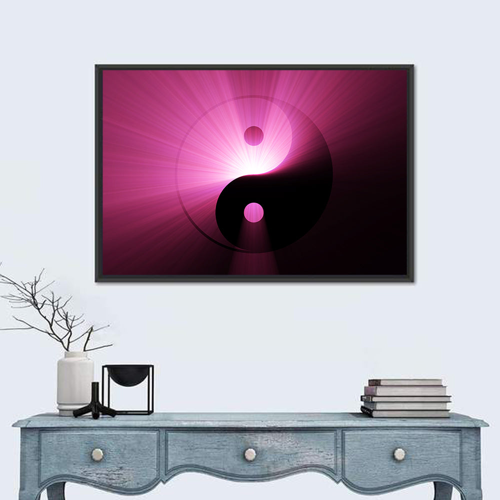 Magenta Yin Yang Symbol Wall Art in a room, landscape