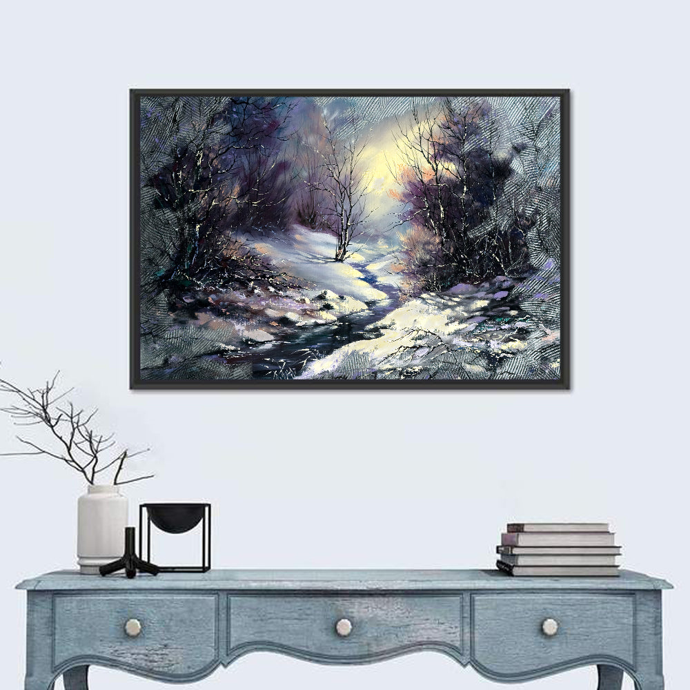 Sunlit Frozen Stream in Winter Forest Wall Art in a room, landscape