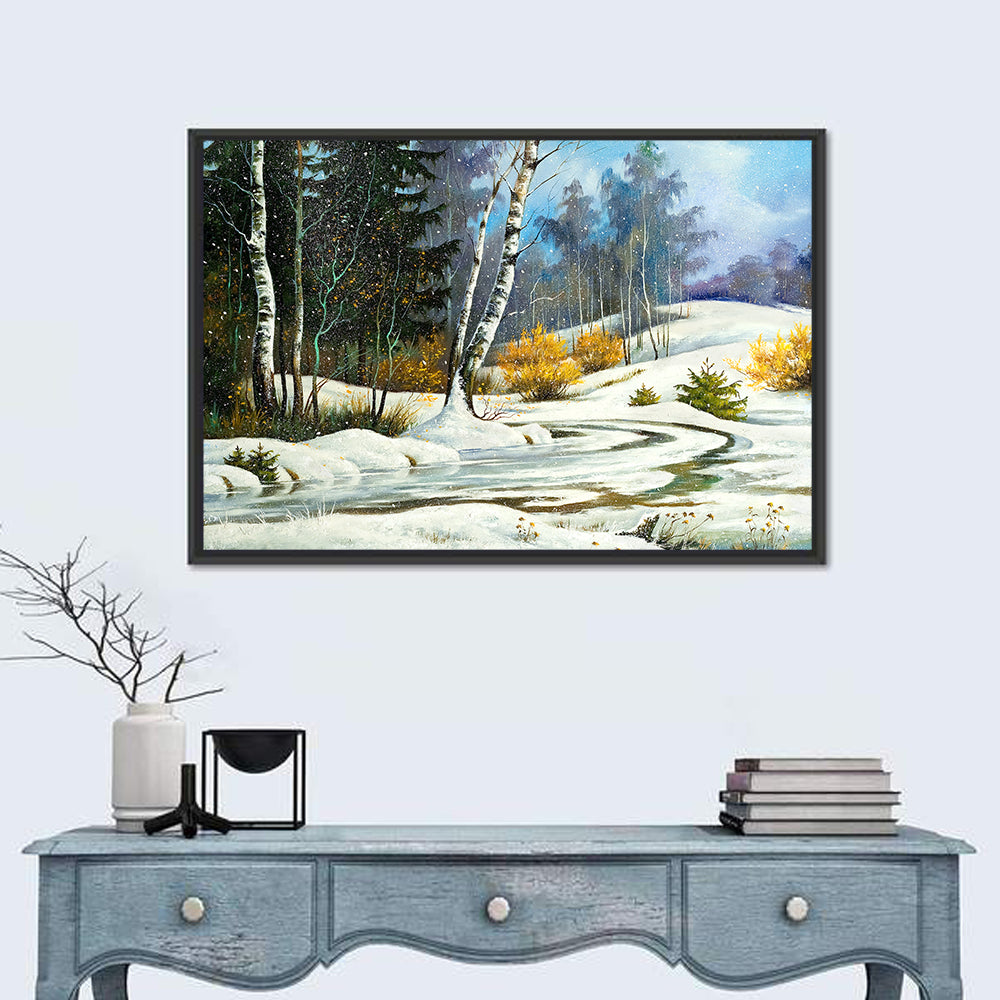 Birch Trees and Frozen Creek Landscape Wall Art