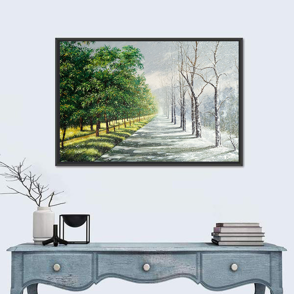Summer to Winter Forest Path Wall Art in a room, landscape
