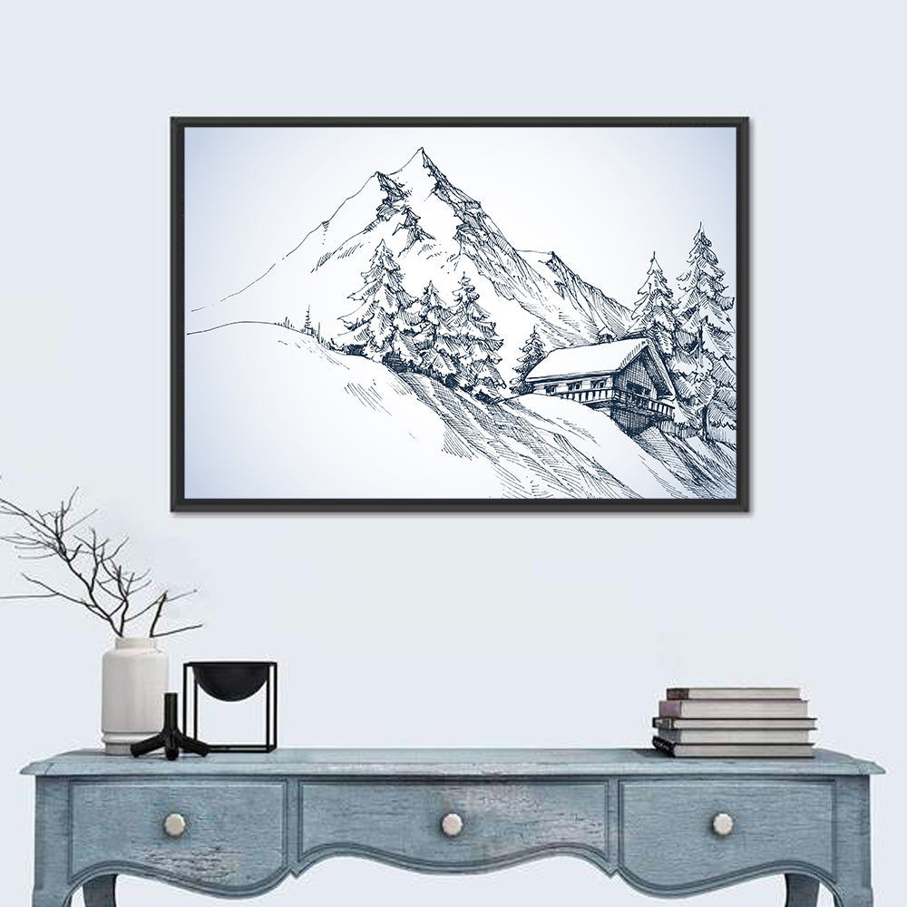 Snowy Mountain Cabin Sketch Wall Art