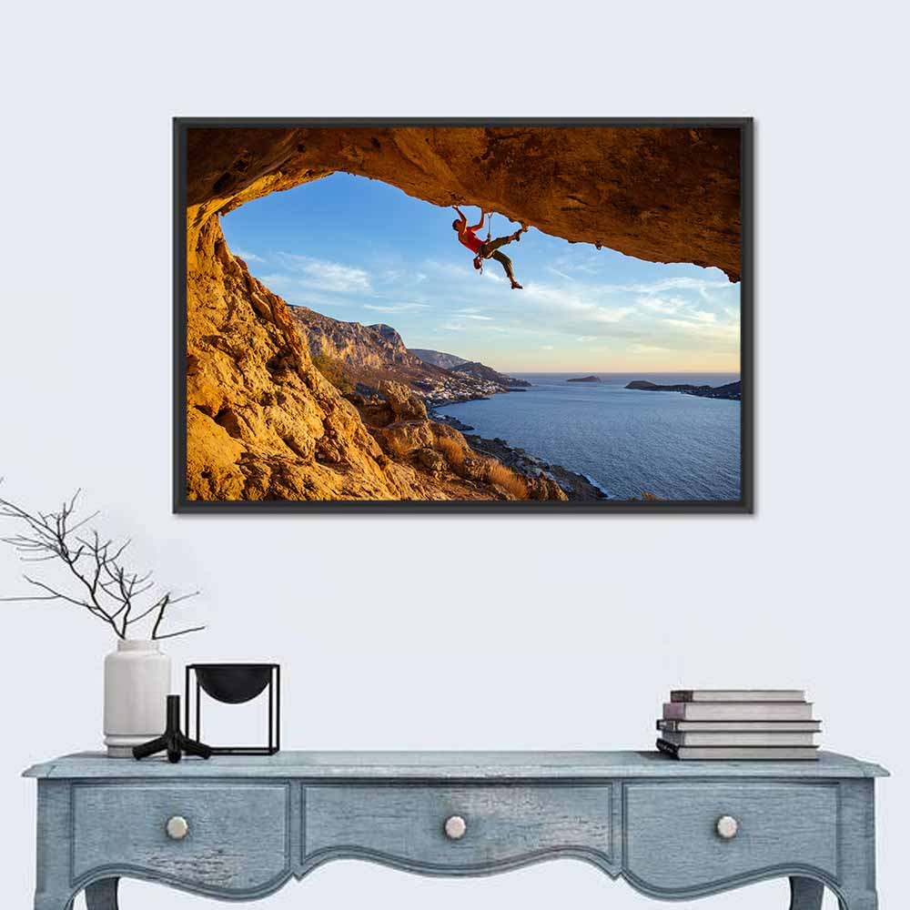 Male Climber On Overhanging Rock Wall Art