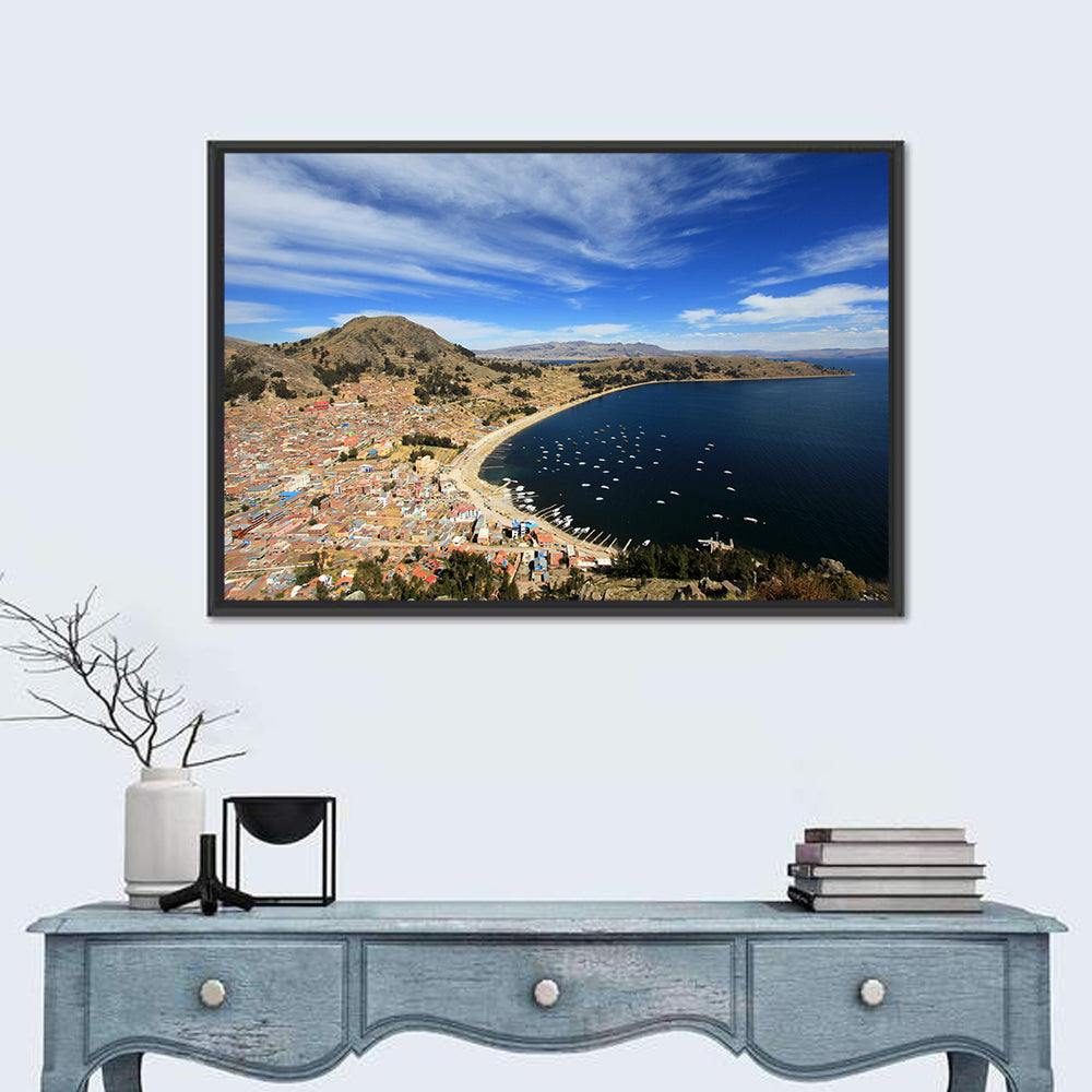 Copacabana Aerial Over Lake Titicaca Wall Art in a room, landscape