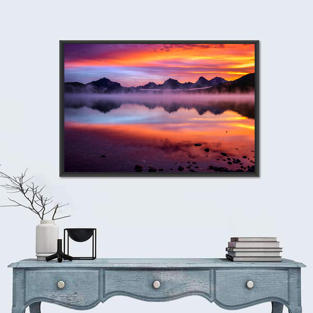 Lake Mcdonald Misty Sunset Wall Art in a room, landscape