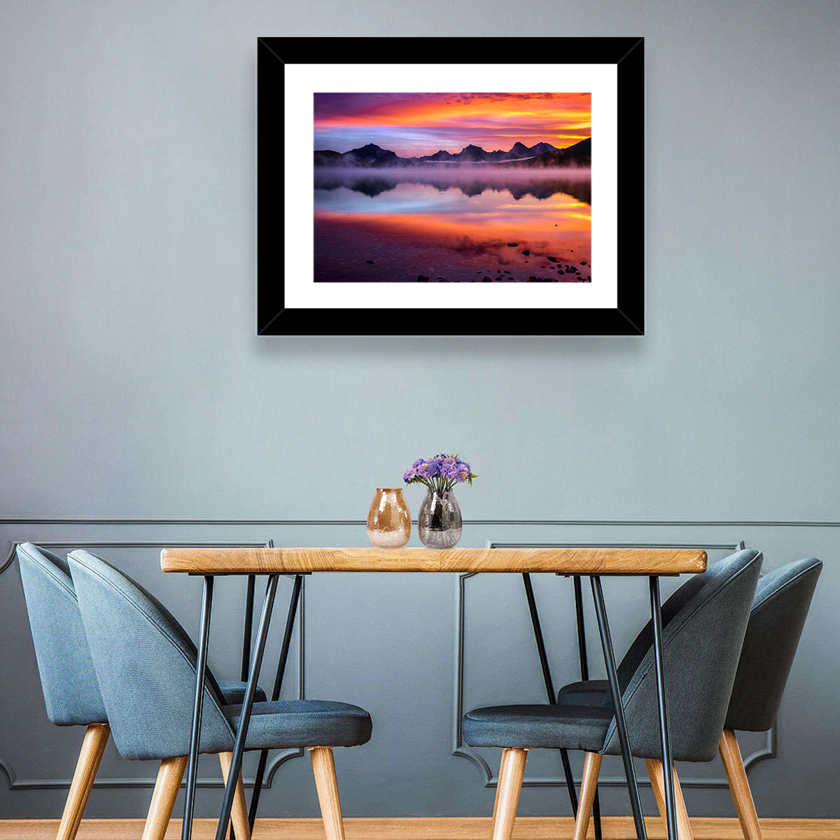 Lake Mcdonald Misty Sunset Wall Art in a room, landscape