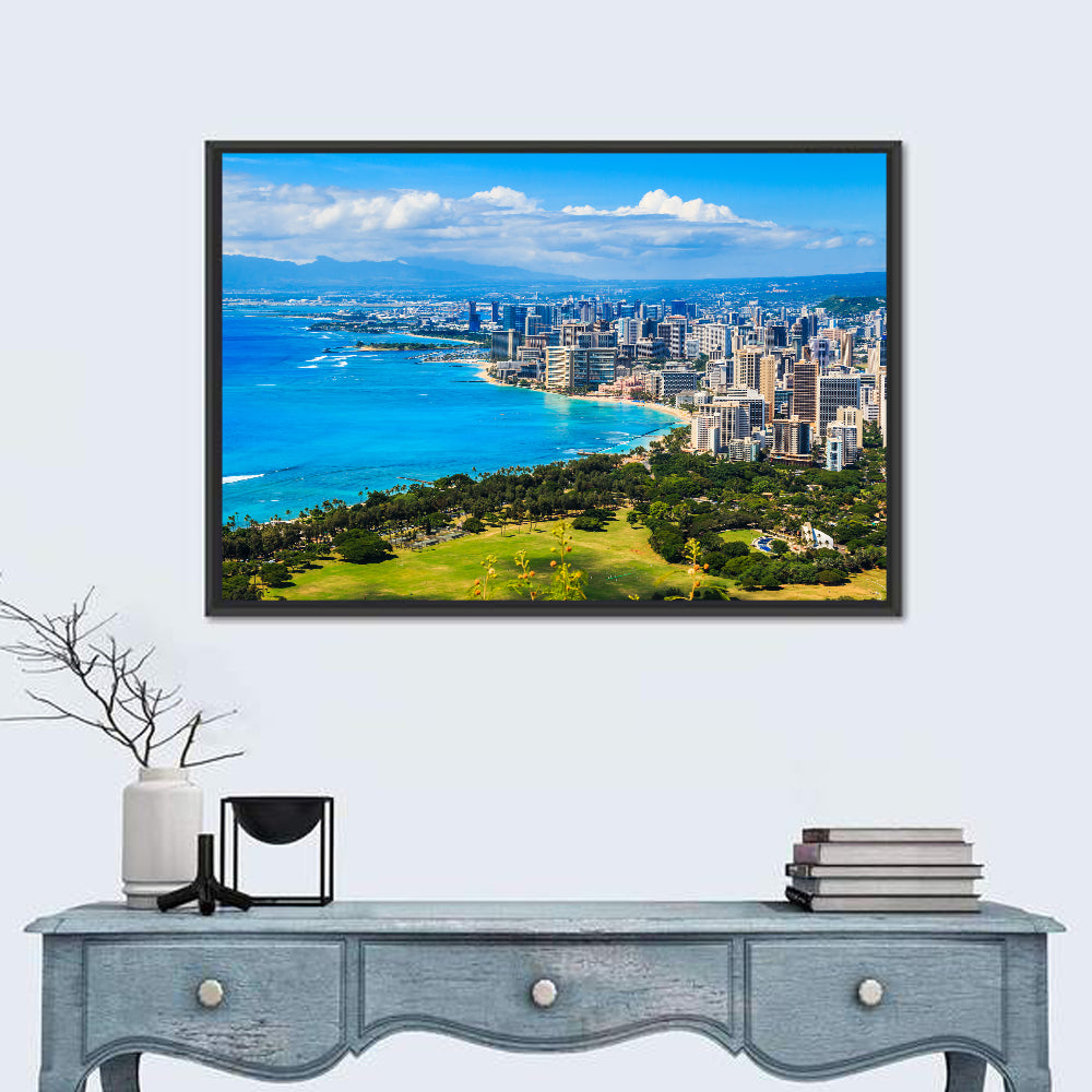 Honolulu Skyline Wall Art in a room, landscape