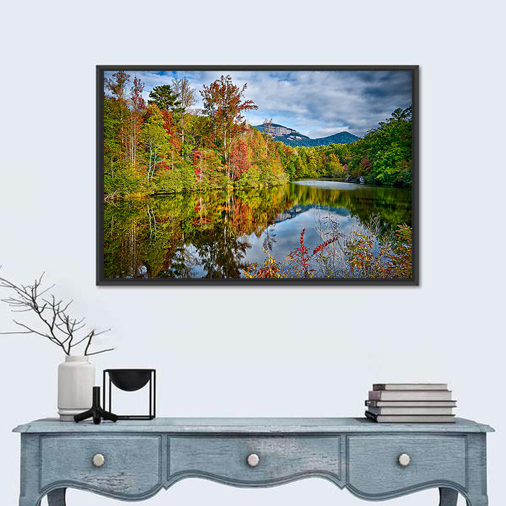 Lake Jocassee Autumn Reflection Wall Art in a room, landscape