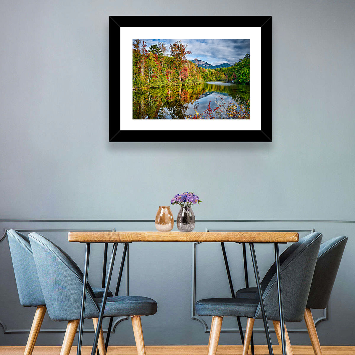 Lake Jocassee Autumn Reflection Wall Art in a room, landscape