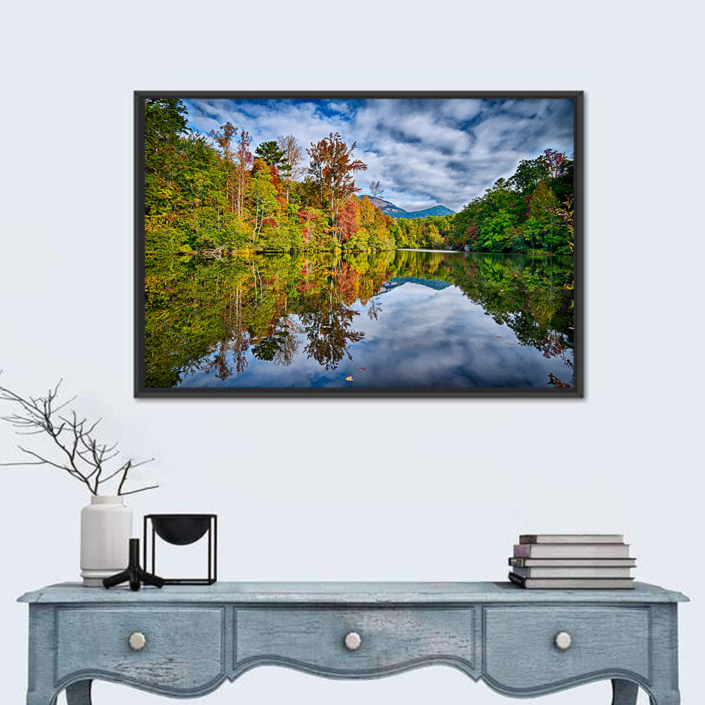 Lake Jocassee Autumn Reflection Wall Art in a room, landscape