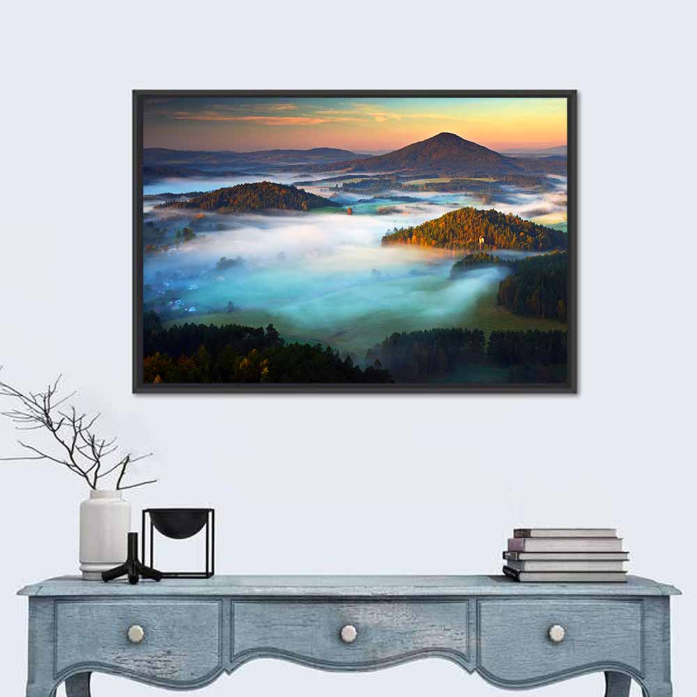 Golden Hour Foggy Hills Wall Art in a room, landscape