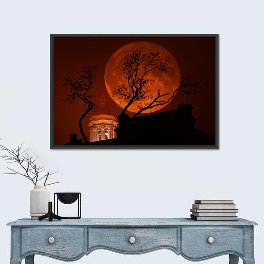 Haunted Supermoon Over Church Spire Wall Art in a room, landscape