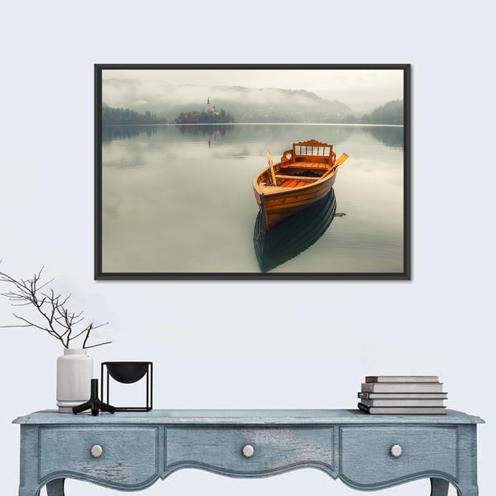 Wooden Boat on Misty Lake Bled Wall Art