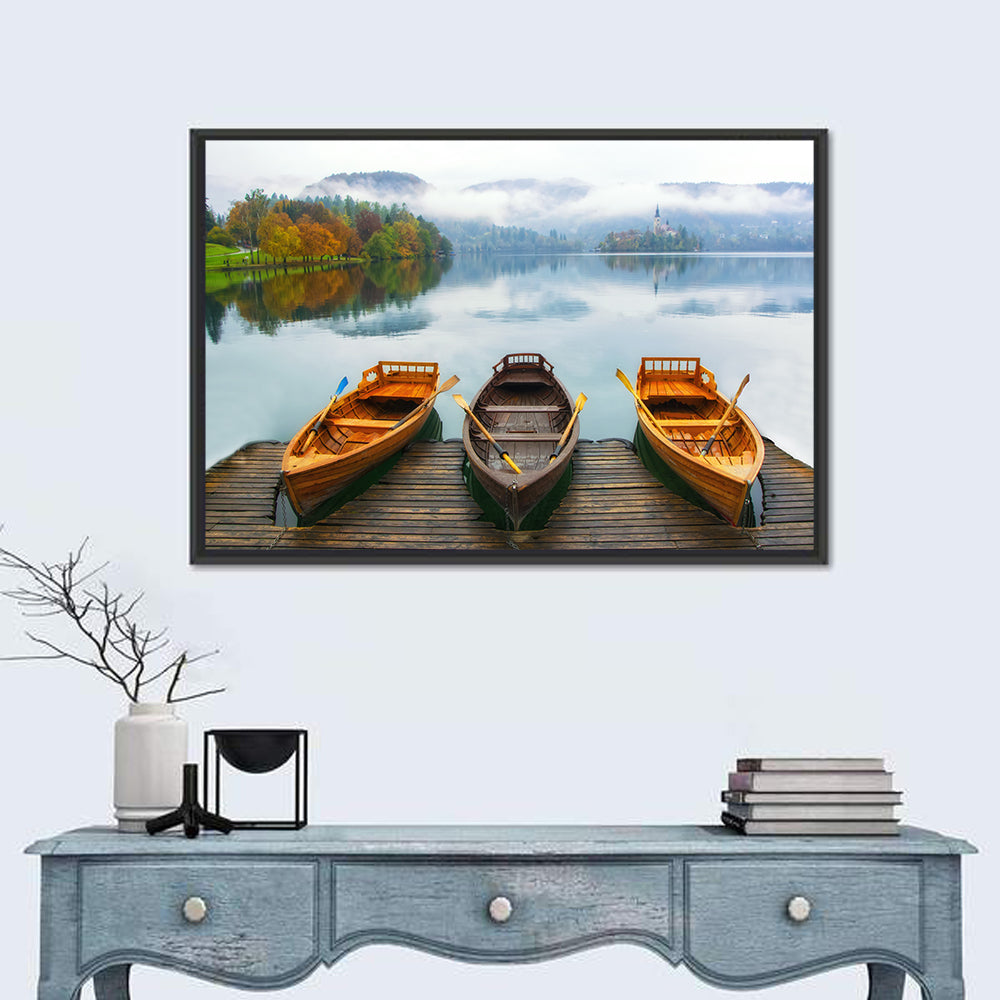 Moored Boats on Misty Lake Bled Wall Art in a room, landscape