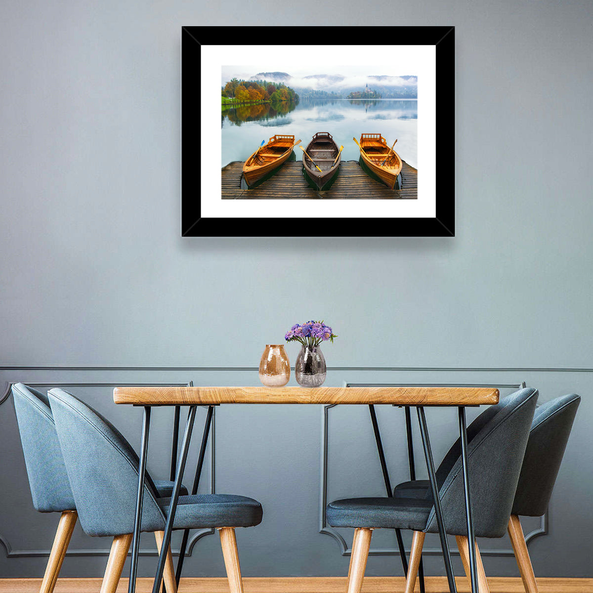 Moored Boats on Misty Lake Bled Wall Art in a room, landscape
